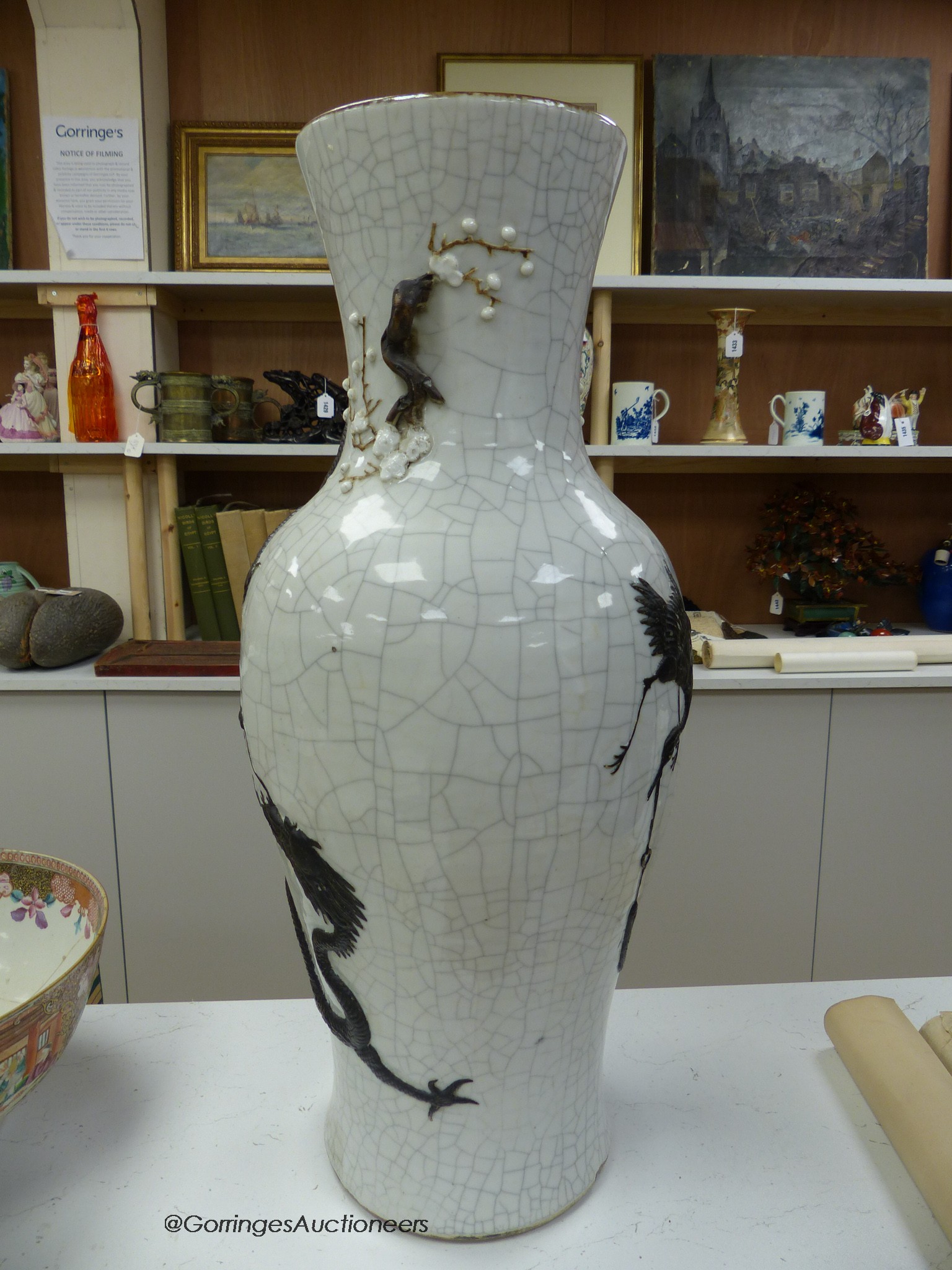 A massive Chinese crackle glaze vase, early 20th century, with dragons, phoenix and blossom, height 61cm